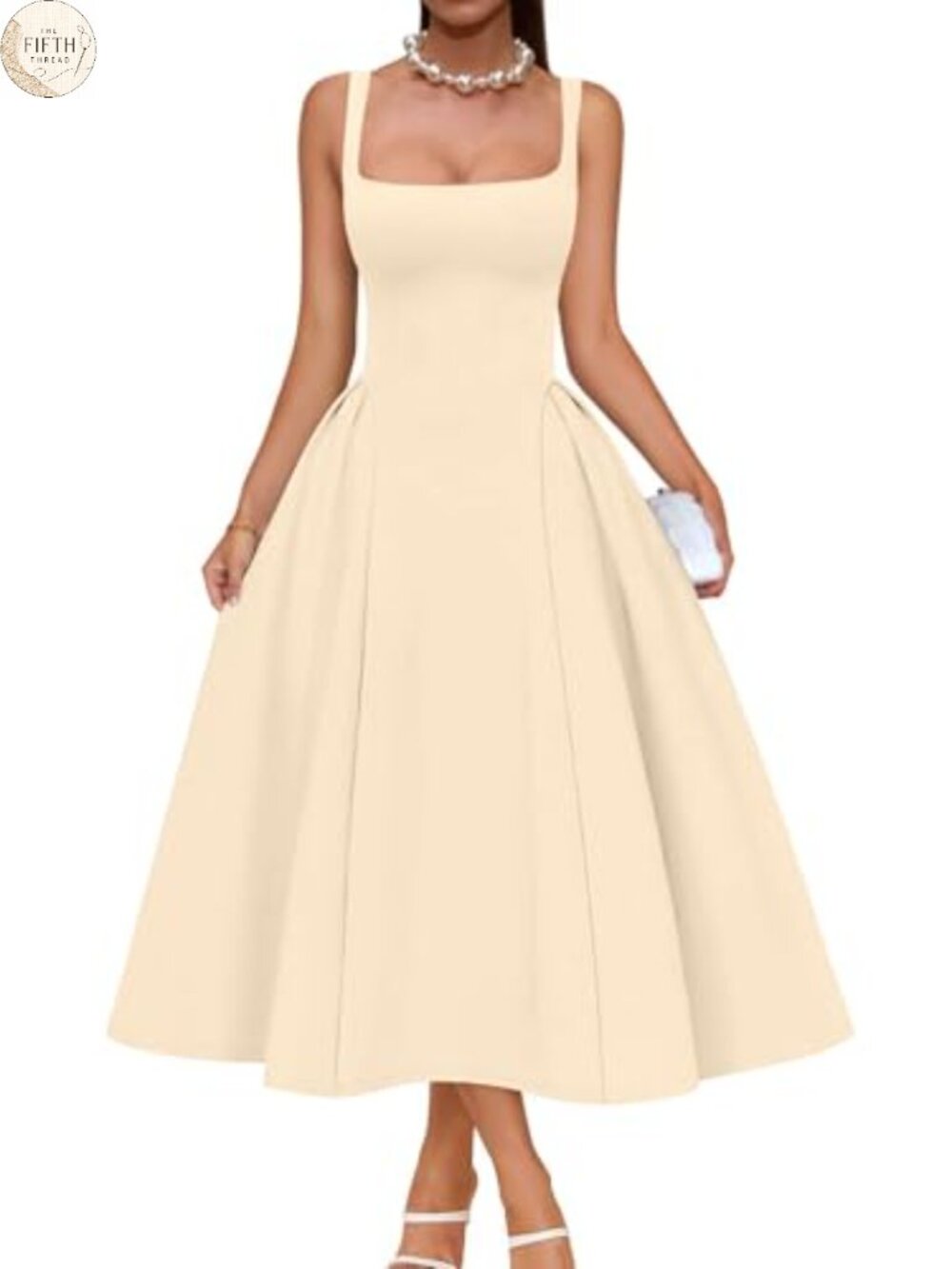 Women's Square Neck Off Shoulder Ruched Midi Swing A Line Party Dress